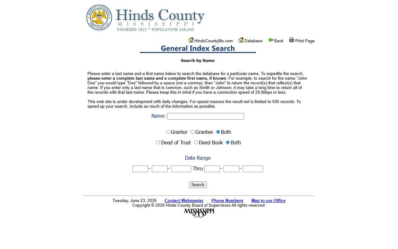 Hinds County Chancery Clerk General Index search form for land and judgment records