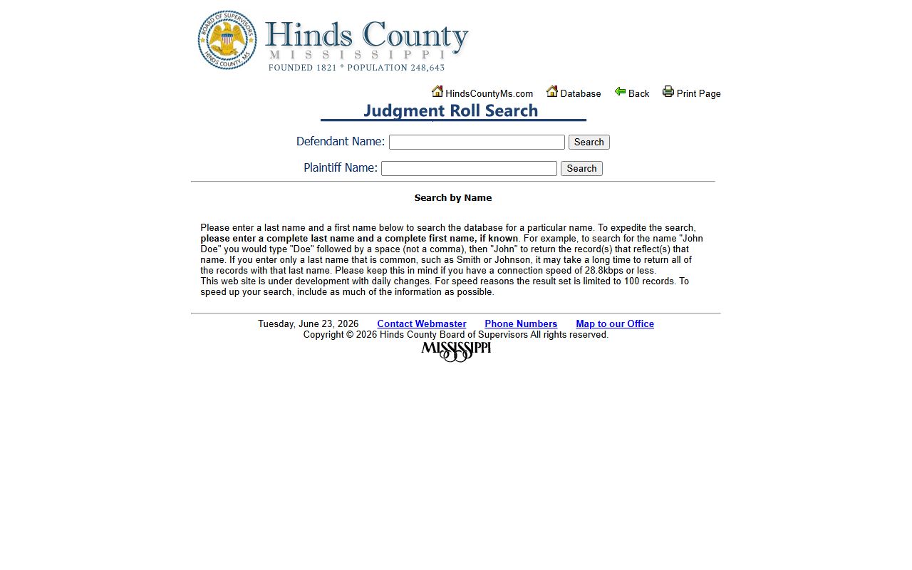 Hinds County Chancery Clerk Judgment Roll search form for civil judgment records