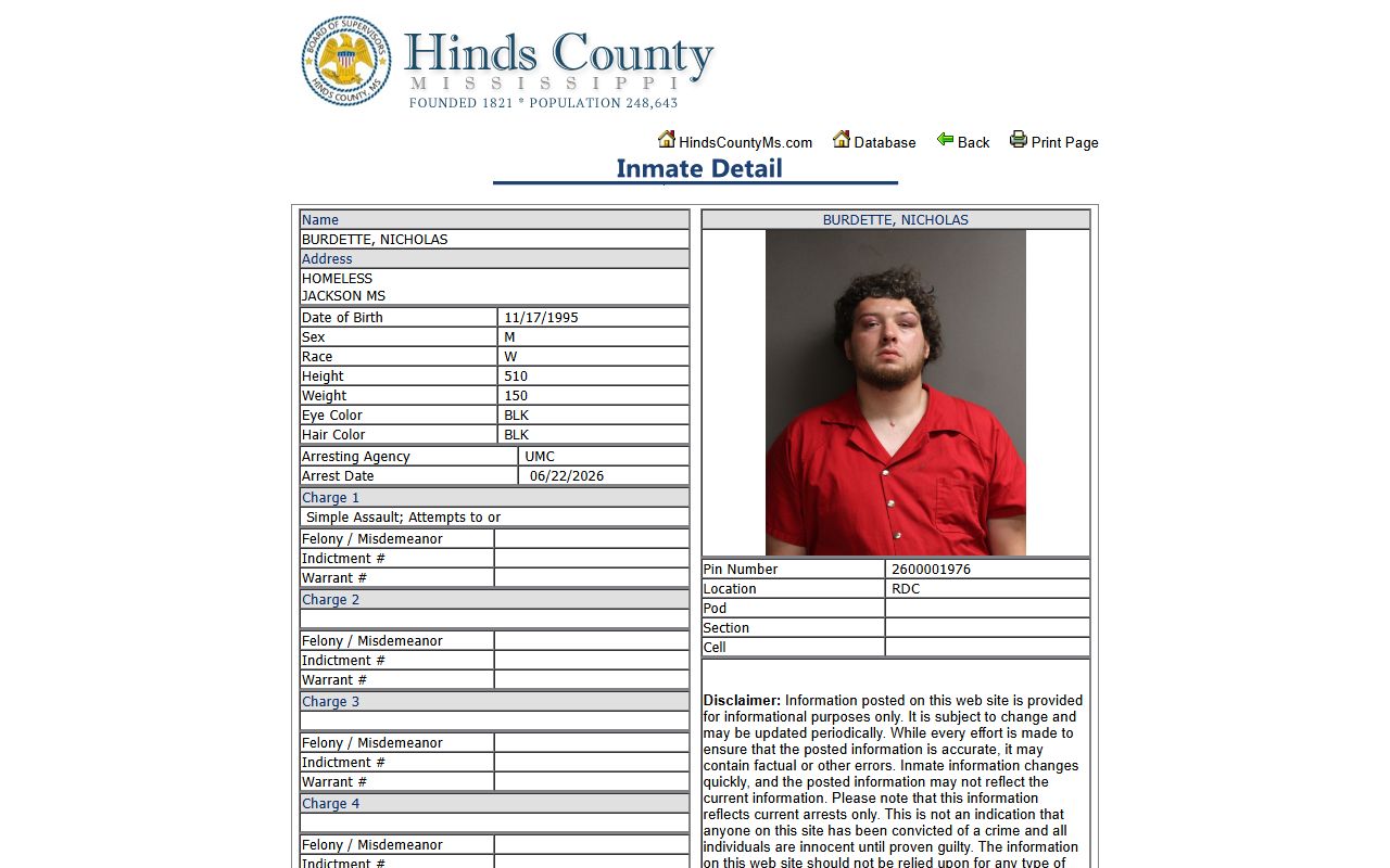 Hinds County arrest records inmate profile showing charge slots and warrant numbers