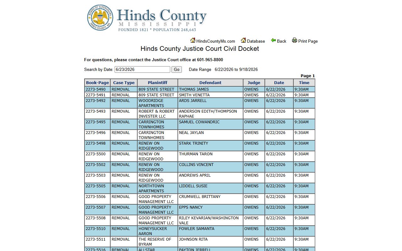 Hinds County court dockets Justice Court civil docket date search results