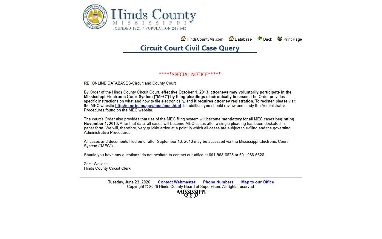 Hinds County court dockets Circuit Court civil legacy MEC notice page