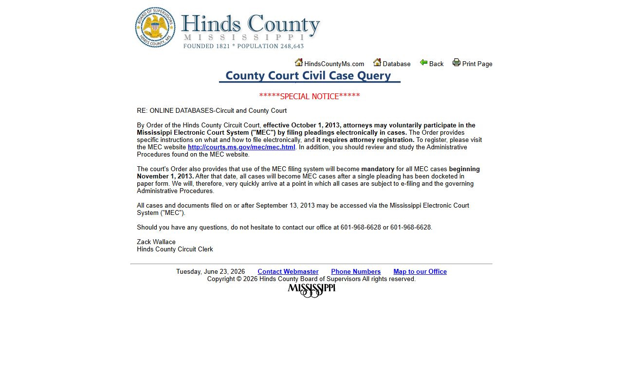 Hinds County court dockets County Court civil legacy notice page