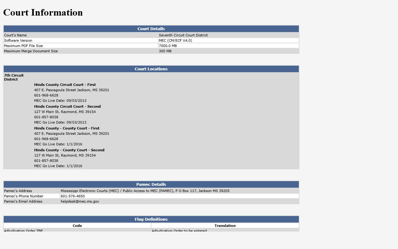 Seventh Circuit MEC court information for Hinds County court records