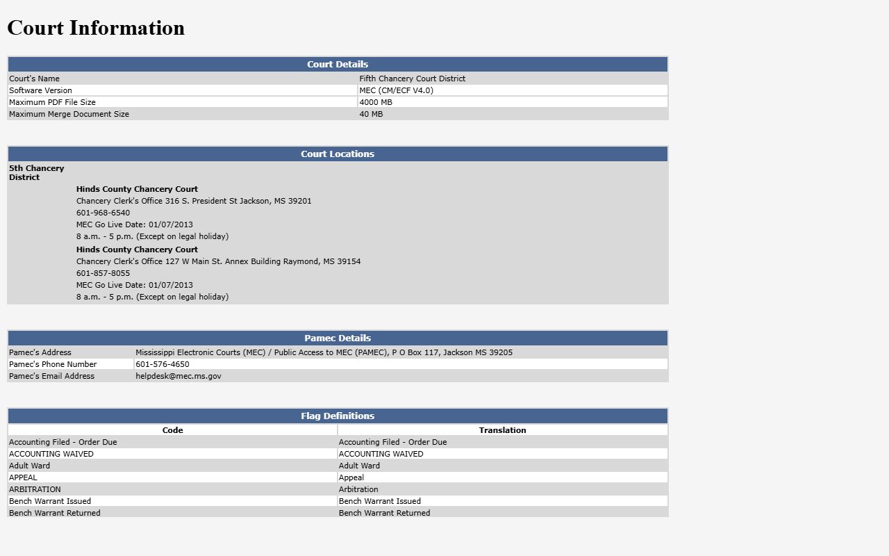 Fifth Chancery MEC information page for Hinds County court records