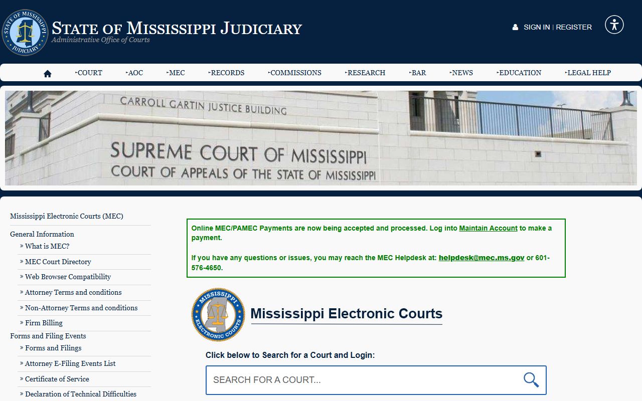 Hinds County Circuit Court compared to the Mississippi Judiciary MEC state court records portal