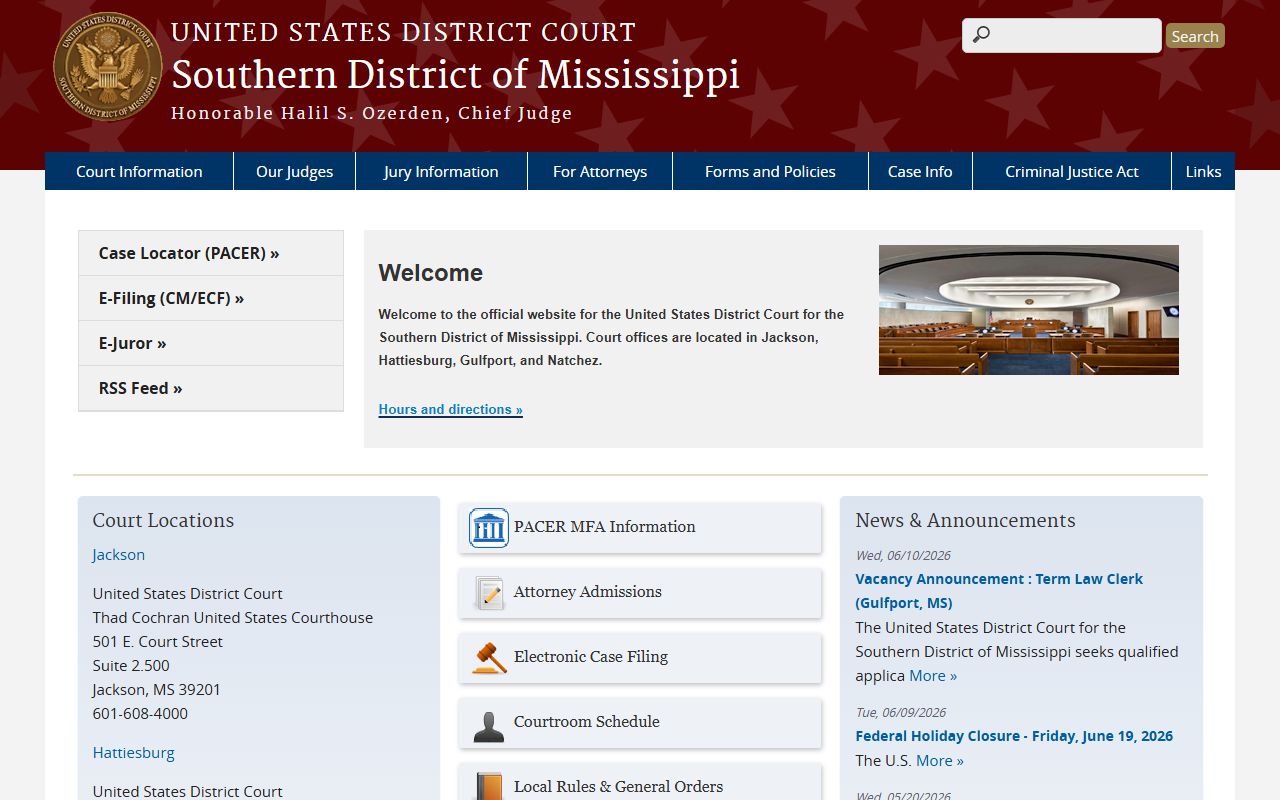 Federal district court records site distinct from Hinds County Circuit Court records in Jackson