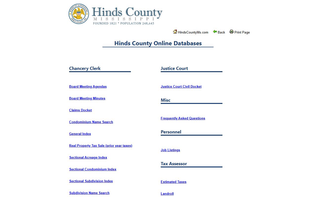 Hinds County court records online databases index for Jackson Mississippi