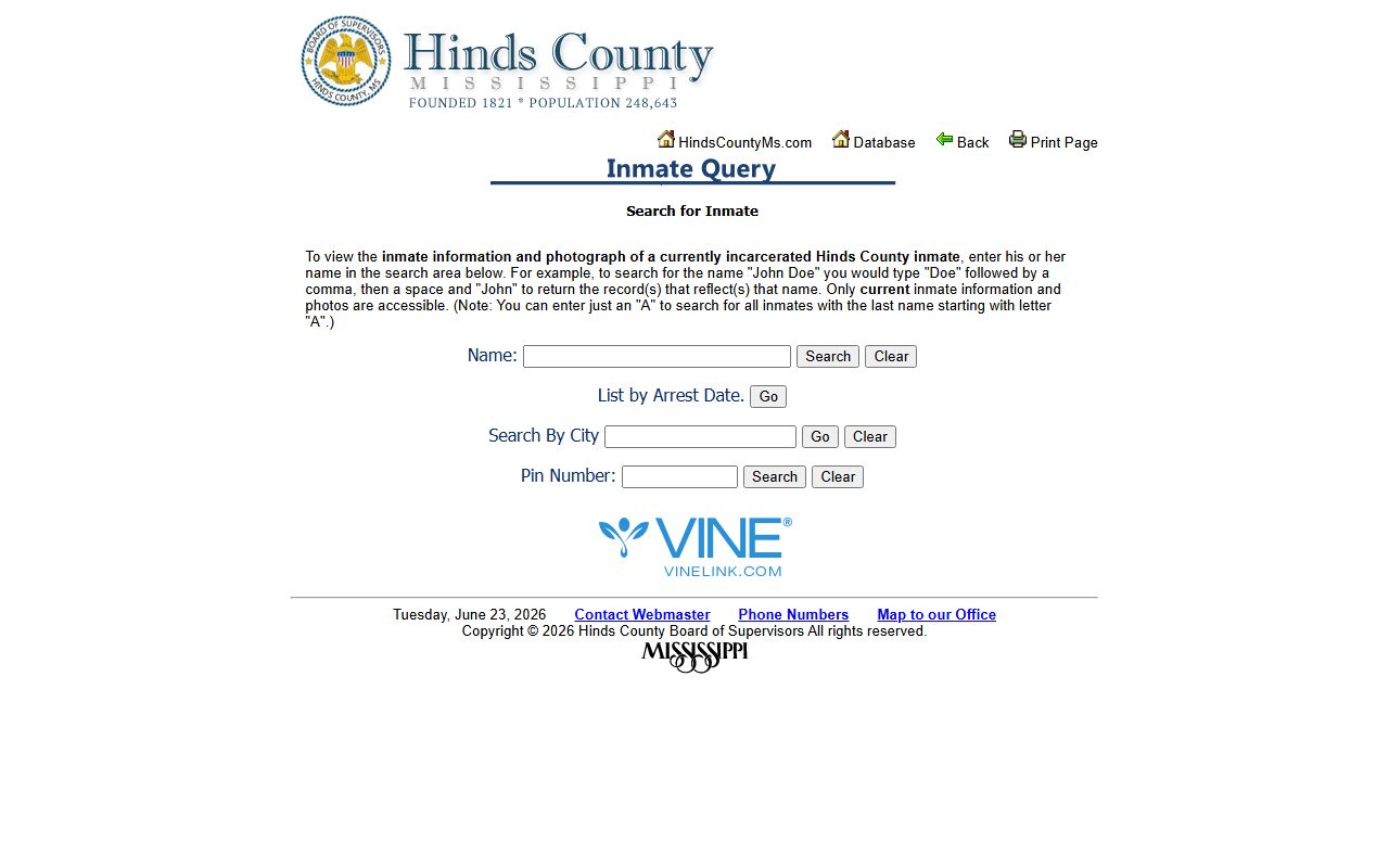 Hinds County inmate records search portal with name, arrest date, city, and pin lookup options