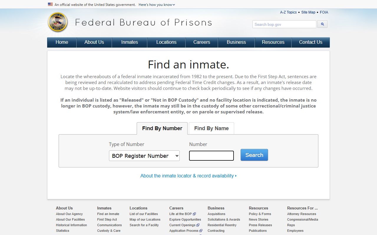 Federal Bureau of Prisons locator used alongside Hinds County inmate records for federal custody