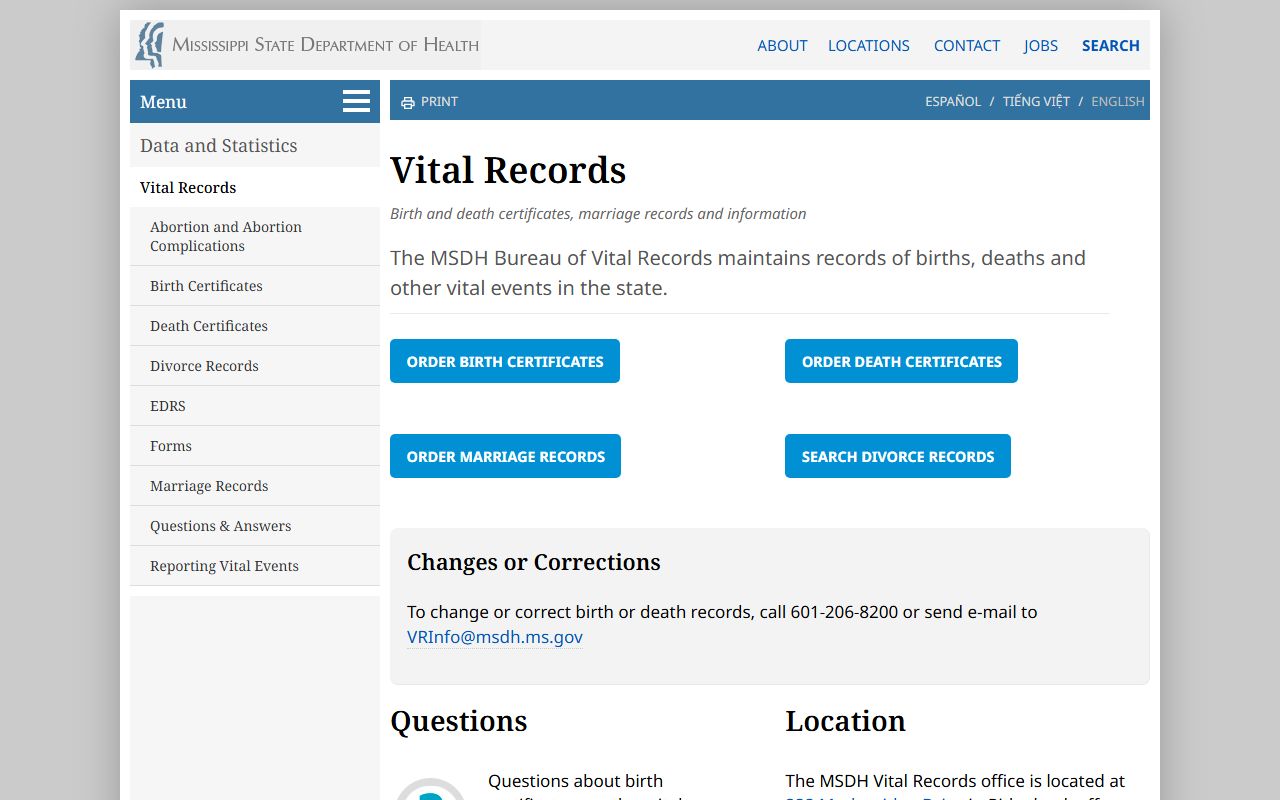 Mississippi vital records landing page used to order Hinds County marriage and divorce records