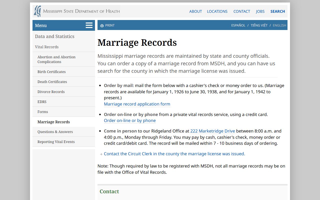 Mississippi health department divorce records information for Hinds County marriage and divorce records