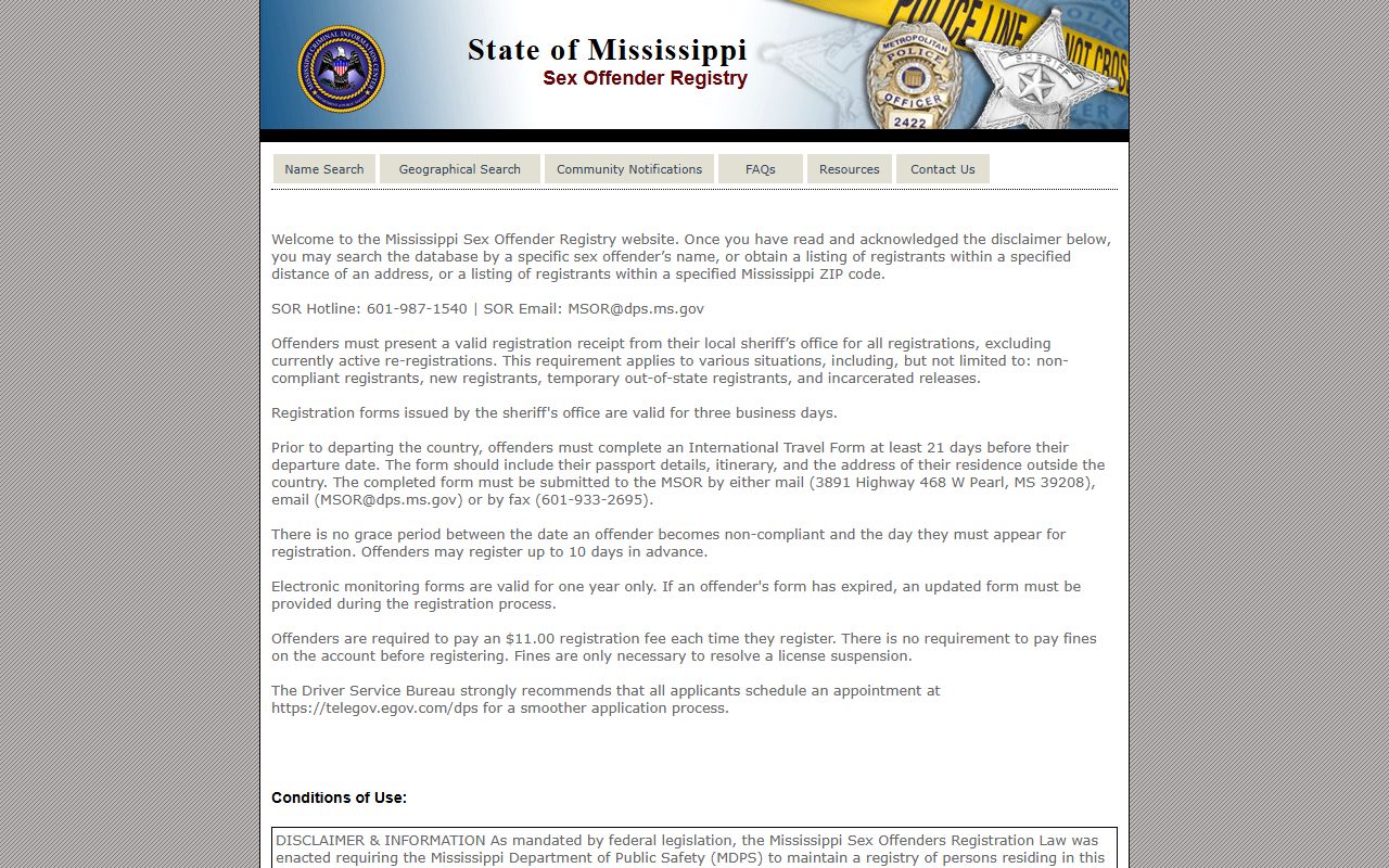 Mississippi DPS sex offender registry used alongside a Hinds County warrant search